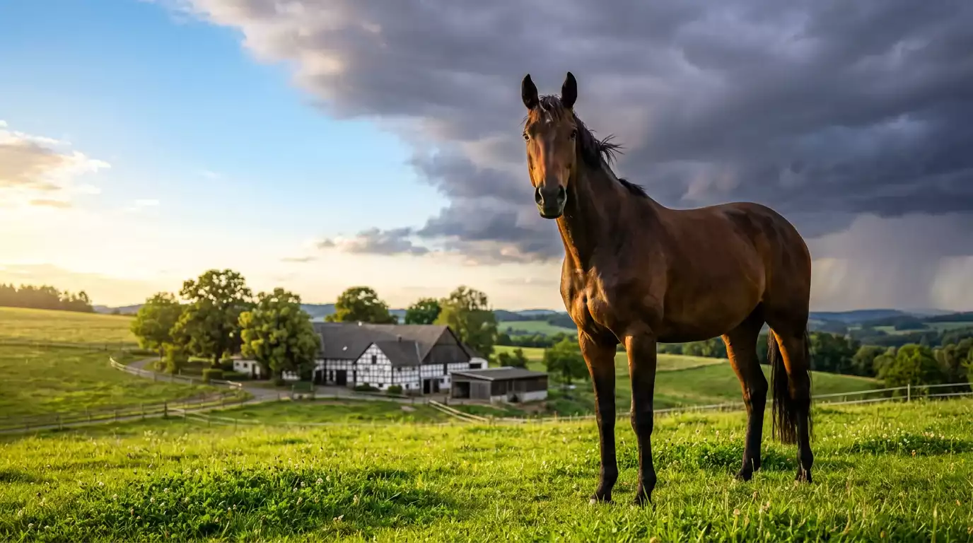 Pferd auf der Weide bei wechselndem Wetter