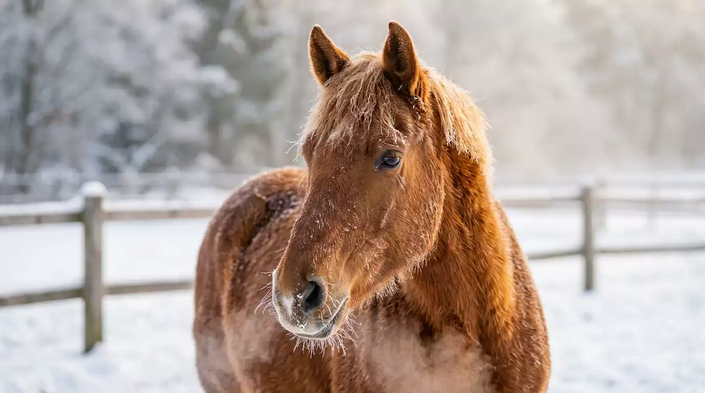Pferd mit dichtem Winterfell bei Frost auf der Weide