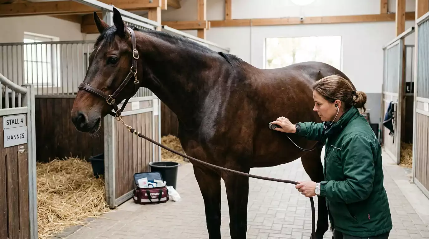 Tierarzt untersucht ein Pferd auf Koliksymptome im Stall